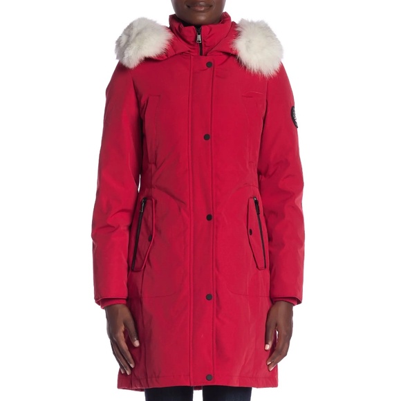 1 Madison Expedition Red Down Parka with Removable White Fur Trim - Picture 1 of 8
